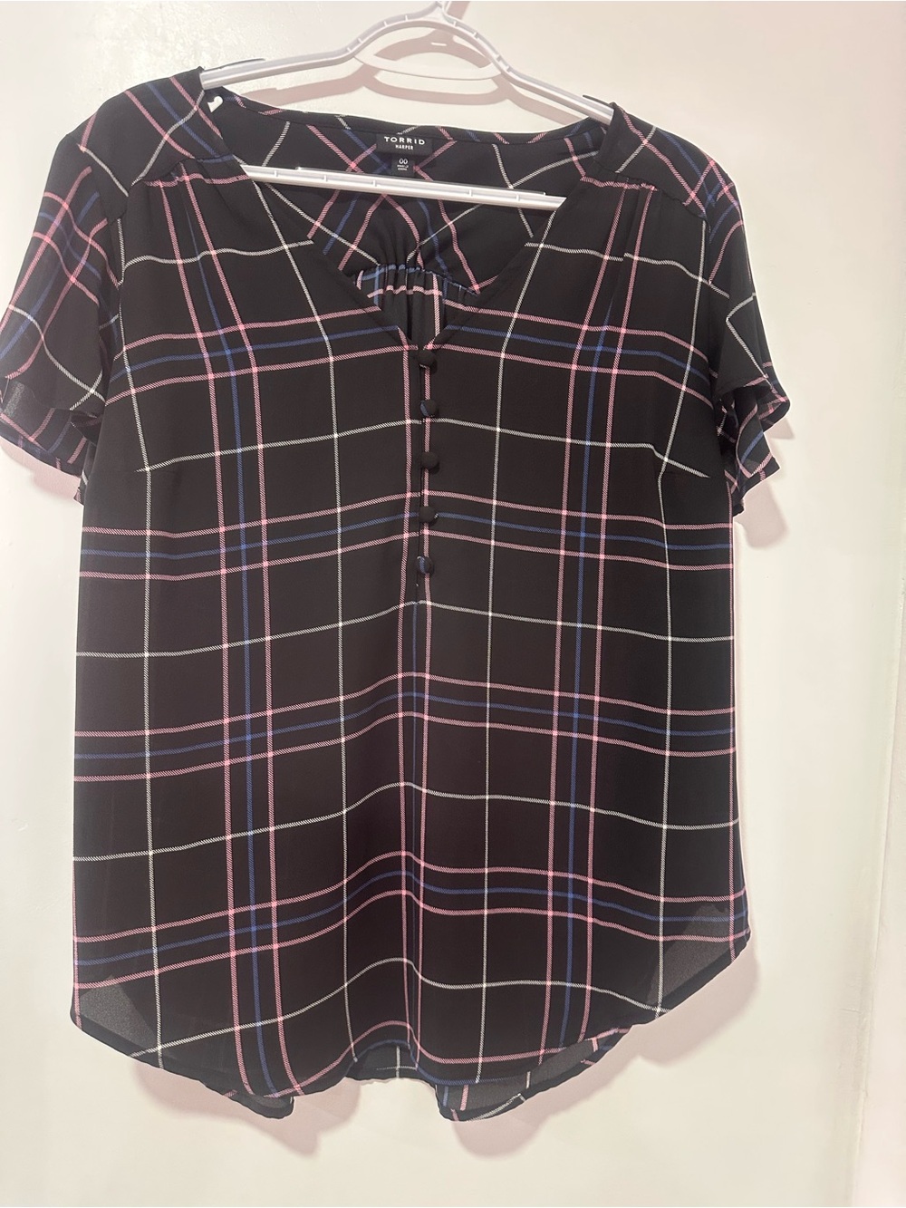 torrid Black Plaid Short-Sleeve Blouse with Pink & Blue Stripes